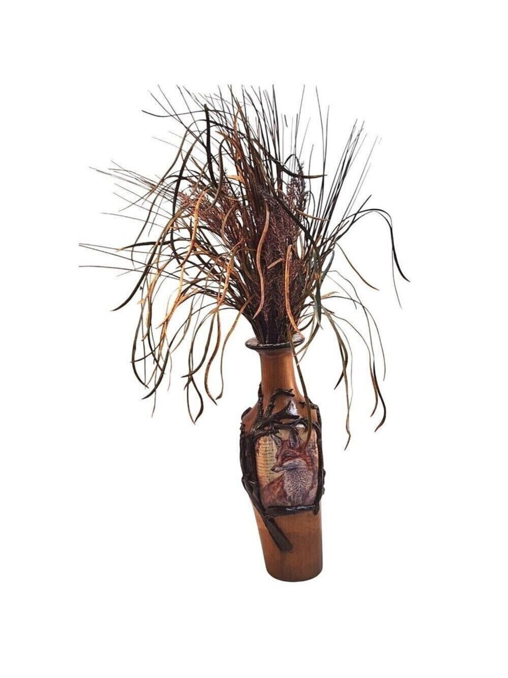 Wooden Fence Post Vase Fox Design Faux Grass Arrangement 28 Inch Tall